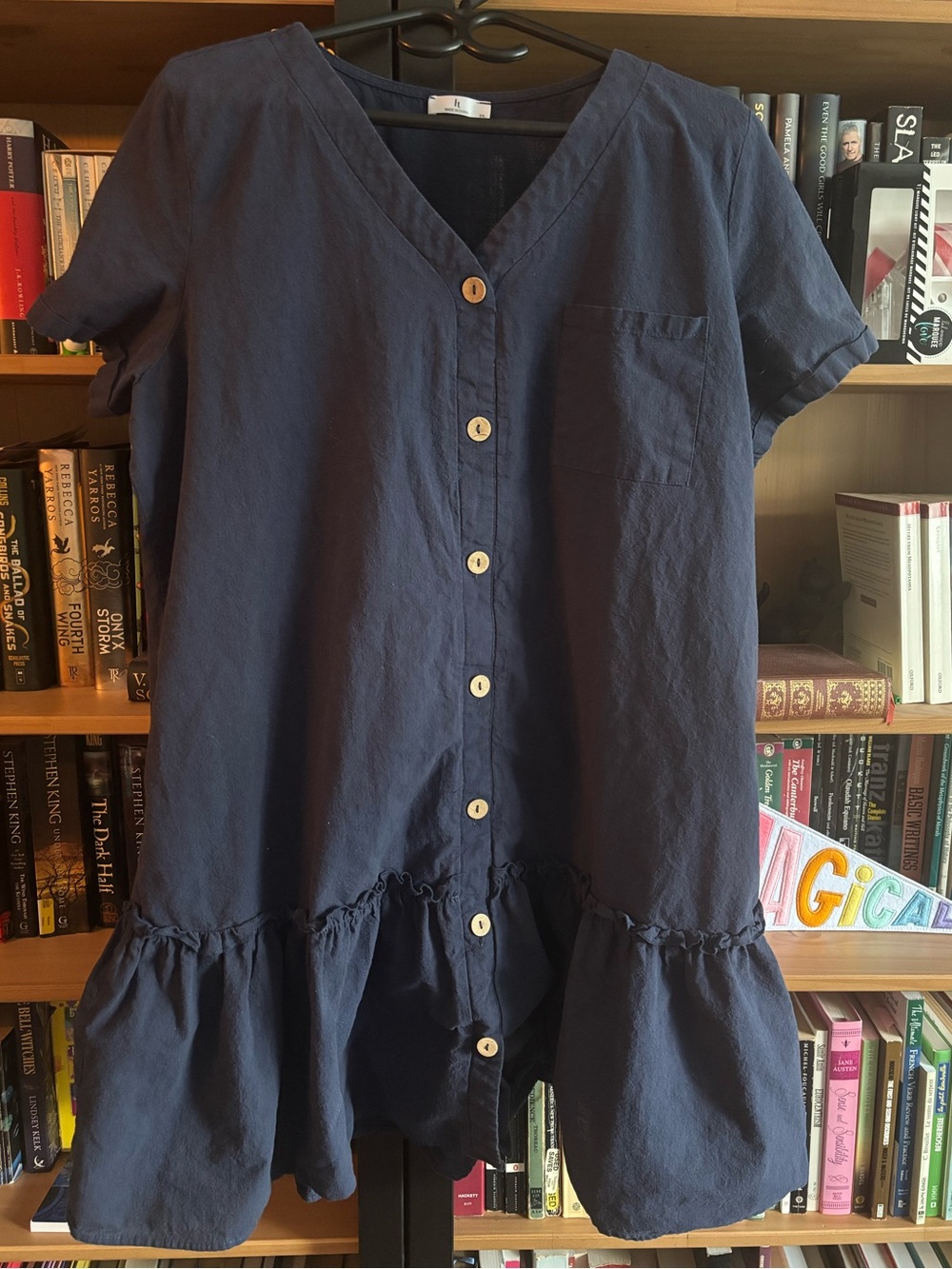 It Navy Button-Front Ruffle-Hem Casual Dress 100% cotton
